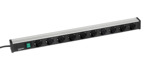 Strømskinne 683mm 10 schuko stikk + bryter 