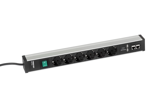 Strømskinne 483/3 6xstikk, av/på bryter, 2xUSB og 2xCAT6A 